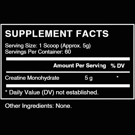 Supplement facts label for creatine monohydrate on a black background